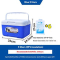 Blue portable insulated cooler bag with aluminium foil construction, shown with capacity options.