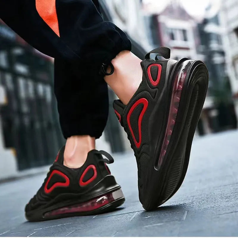 Men's black casual air cushion sneakers with thick sole and lace-up front.