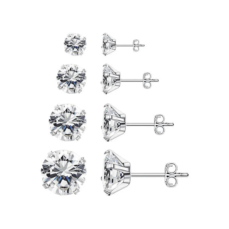 A pair of simple geometric stud earrings made from stainless steel with a zircon stone.