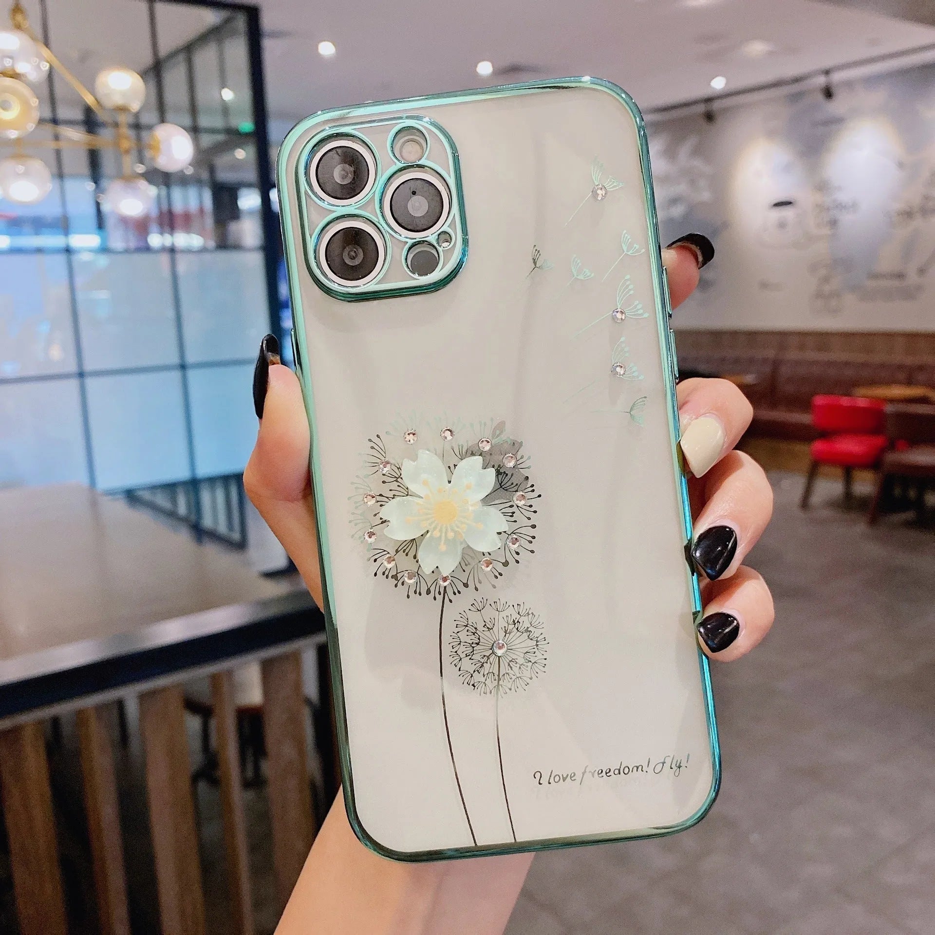 Green TPU phone case with spinning 3D floral design for iPhone with integrated screen protector