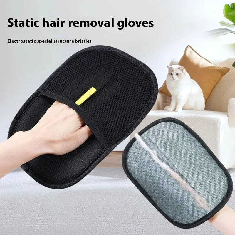 Black pet hair remover glove with silicone bristles for dogs and cats, shown on a hand