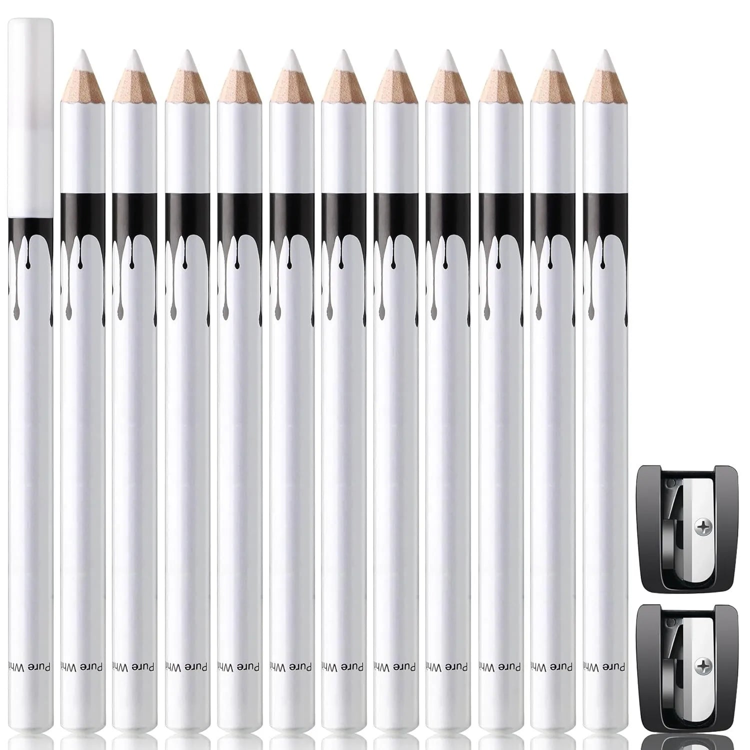 12 piece white and black retractable eyeliner pencil set with sharpener, waterproof and long-lasting