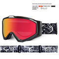 Motorcycle goggles with double layer anti-fog lenses in a black frame with grey film, shown with a storage cloth bag.
