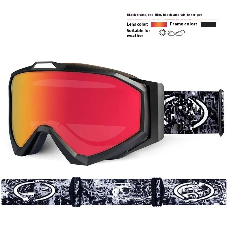 Motorcycle goggles with double layer anti-fog lenses in a black frame with grey film, shown with a storage cloth bag.