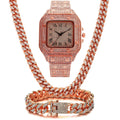 Gold, rose gold, or silver Roman numeral square dial quartz watch with black mesh band, bracelet, and necklace set.