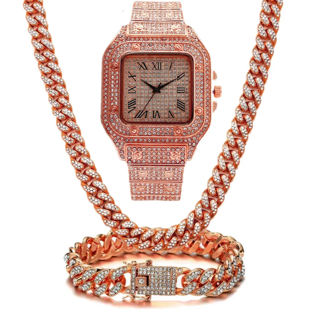 Gold, rose gold, or silver Roman numeral square dial quartz watch with black mesh band, bracelet, and necklace set.