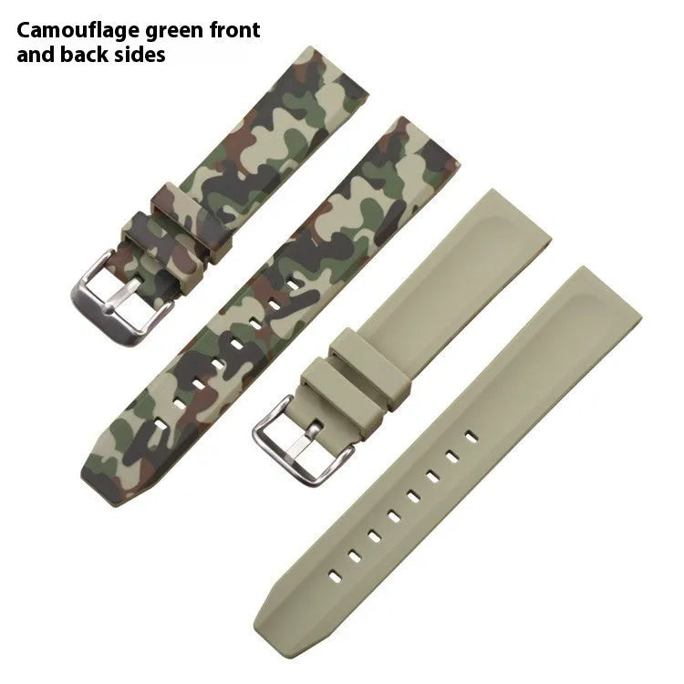 Green camouflage silicone watch strap with flat head, showing 20mm width.