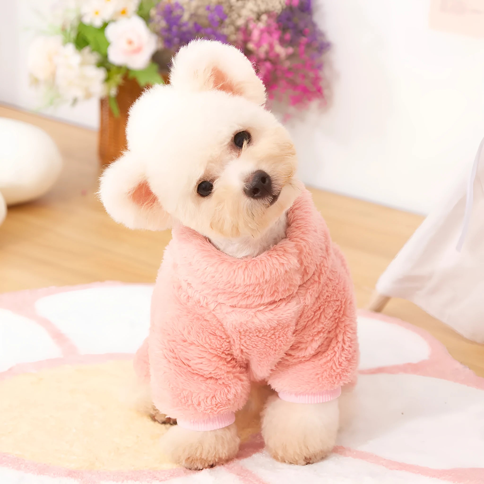 Khaki four-legged dog clothes with high collar and towing ring, made of double-sided plush cotton velvet.