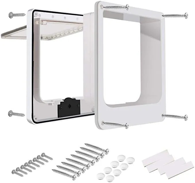Interior cat door with rotary lock magnetic closure in black, showing frame and flap.