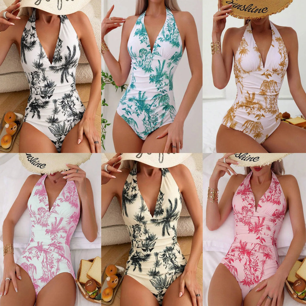 Women's printed V-neck one-piece swimsuit in multiple colours