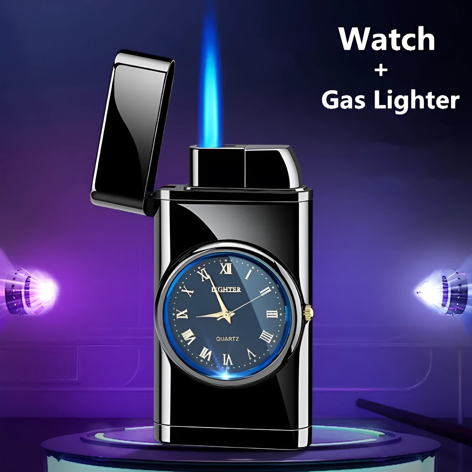 Metal electronic watch cigarette lighter with LED digital display and choice of five brushed or textured finishes.