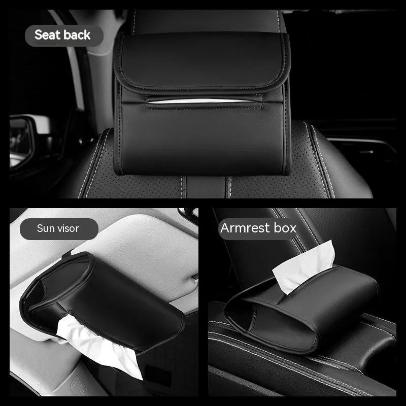 Leather car tissue box with elastic band for mounting on sun visor or chair back