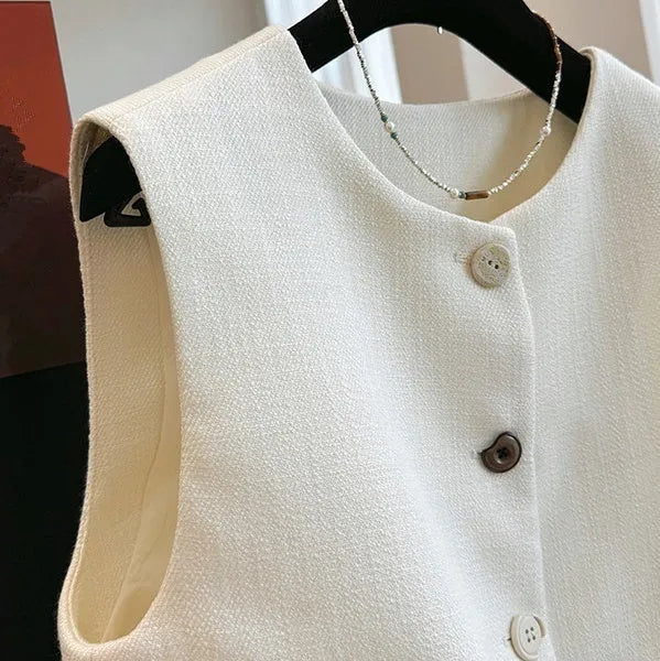 French style bandage vest for women in milky white, sleeveless round neck design.