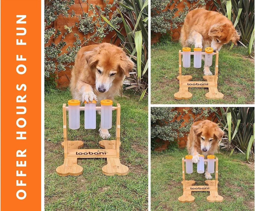 Natural wood colour dog puzzle toy feeder measuring 31cm by 30cm by 20cm