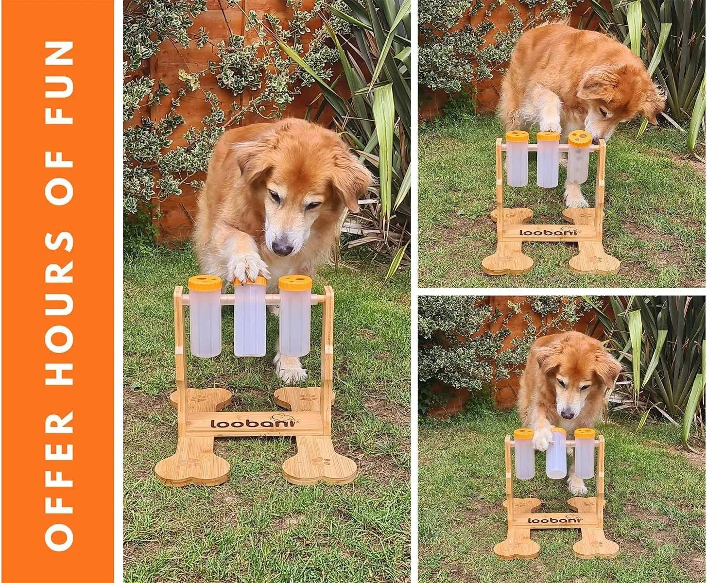 Natural wood colour dog puzzle toy feeder measuring 31cm by 30cm by 20cm