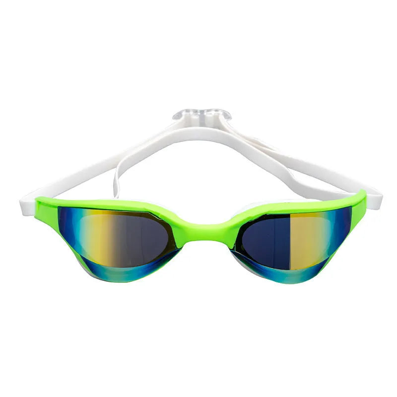 Pair of racing-style anti-fog waterproof swimming goggles with adjustable nose bridges on a blue background