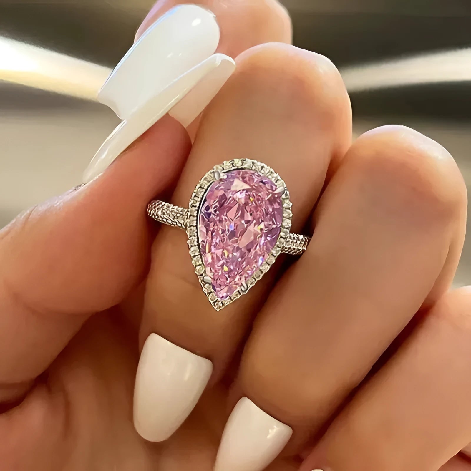 Inlaid zircon copper fashion ring for women, pink colour, size No 7