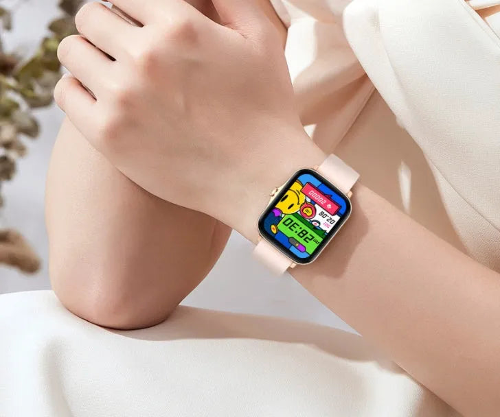 Black smart watch with a 1.7-inch colour touch screen on an adjustable strap, showing a fitness tracking interface.