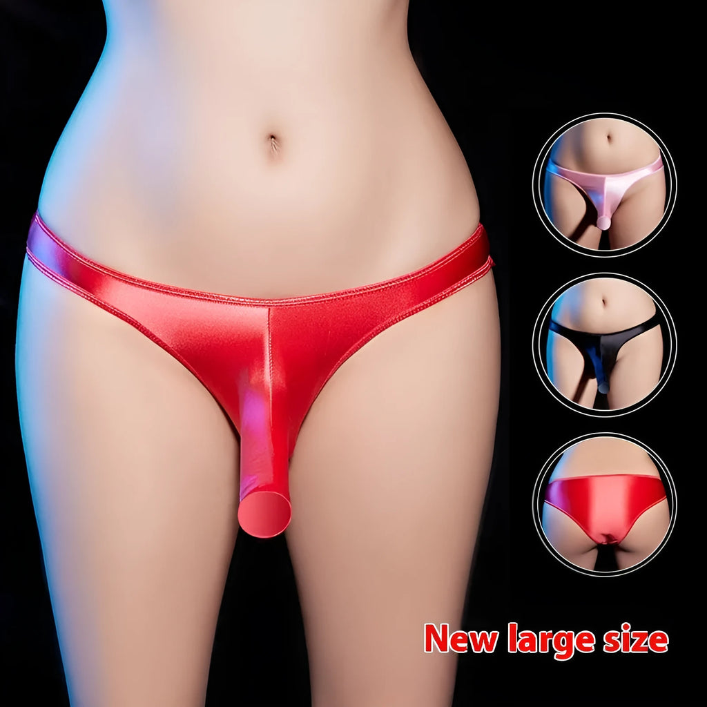 Men's low waist T-back underwear in shiny nylon fabric on a colour swatch showing white, grey, black, red, and pink.