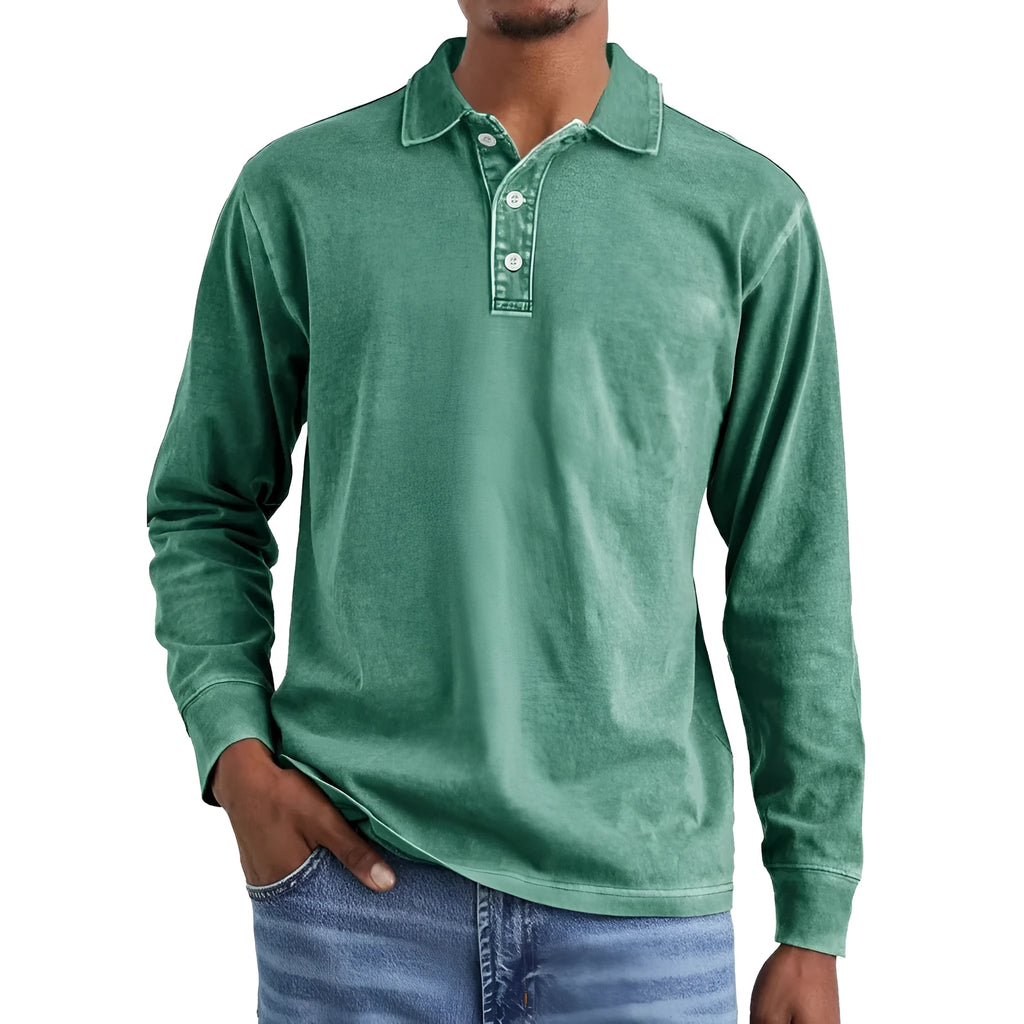 Men's retro washed black cotton long sleeve polo shirt with lapel collar laid flat