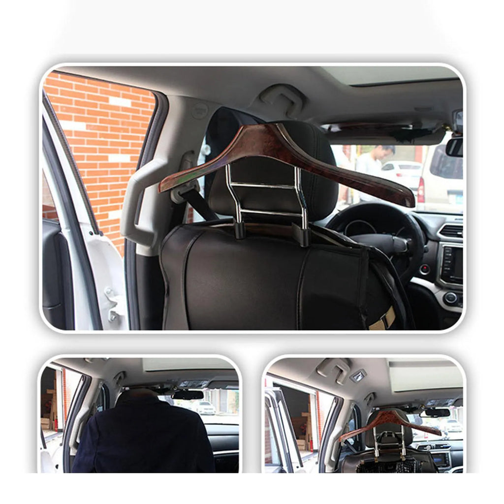 Wood yellow stainless steel car mounted clothes hanger for suits and coats on a chair back.