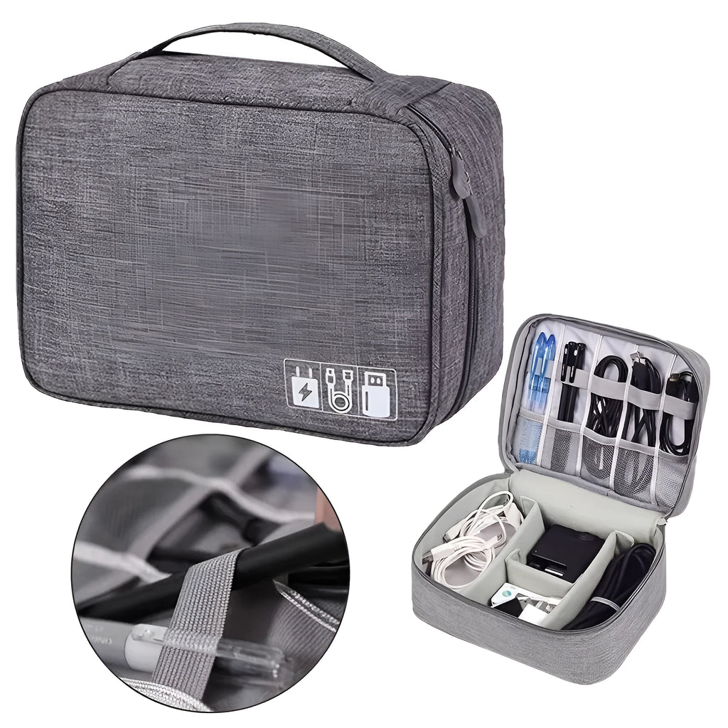 Black electronics organiser case open showing mesh pockets, elastic loops, and removable padded dividers for cable organisation