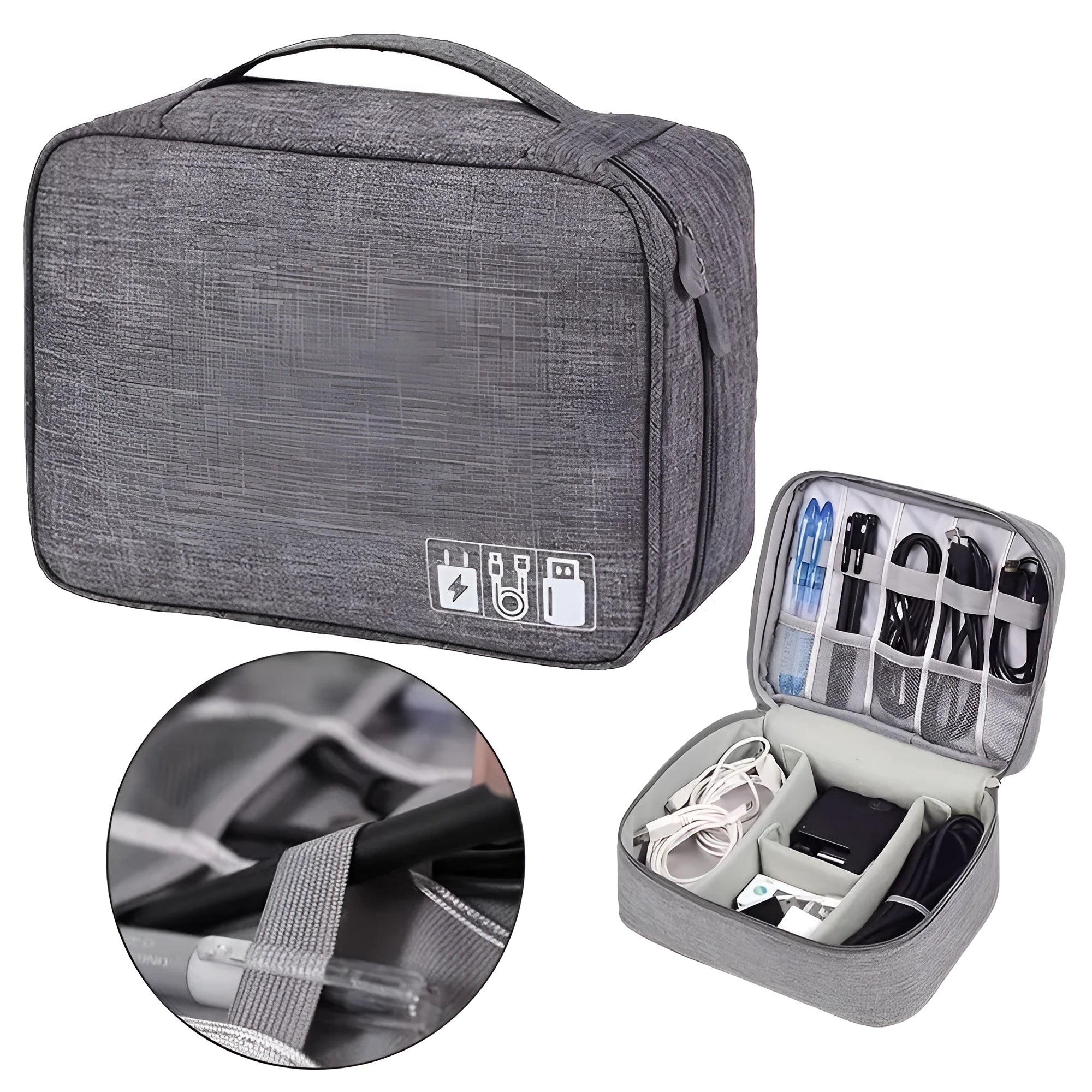 Black electronics organiser case open showing mesh pockets, elastic loops, and removable padded dividers for cable organisation