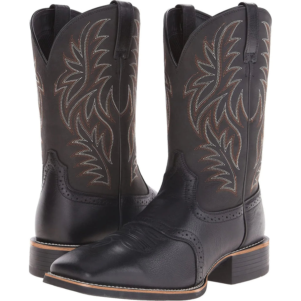 Men's black embroidered Western cowboy boots with wide square toe and low heel.