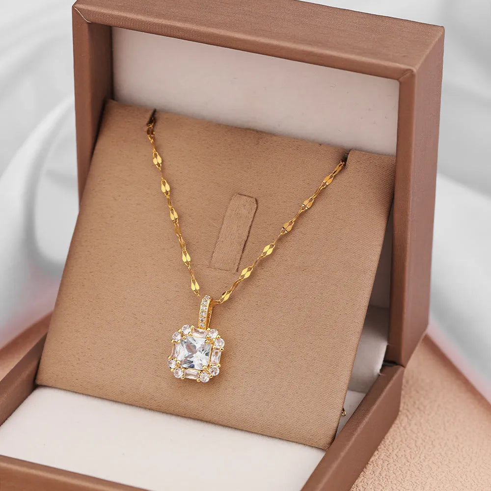 Women's titanium steel clavicle chain necklace with geometric gem-inlaid pendant