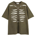 Men's black cotton t-shirt with skull and letter print, showing loose fit and drop-shoulder sleeves.
