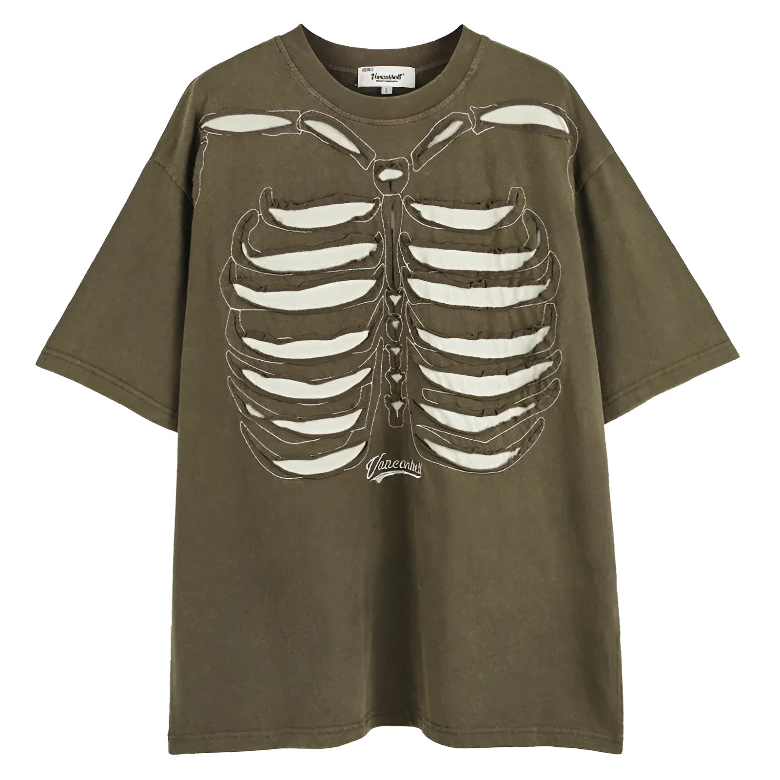 Men's black cotton t-shirt with skull and letter print, showing loose fit and drop-shoulder sleeves.