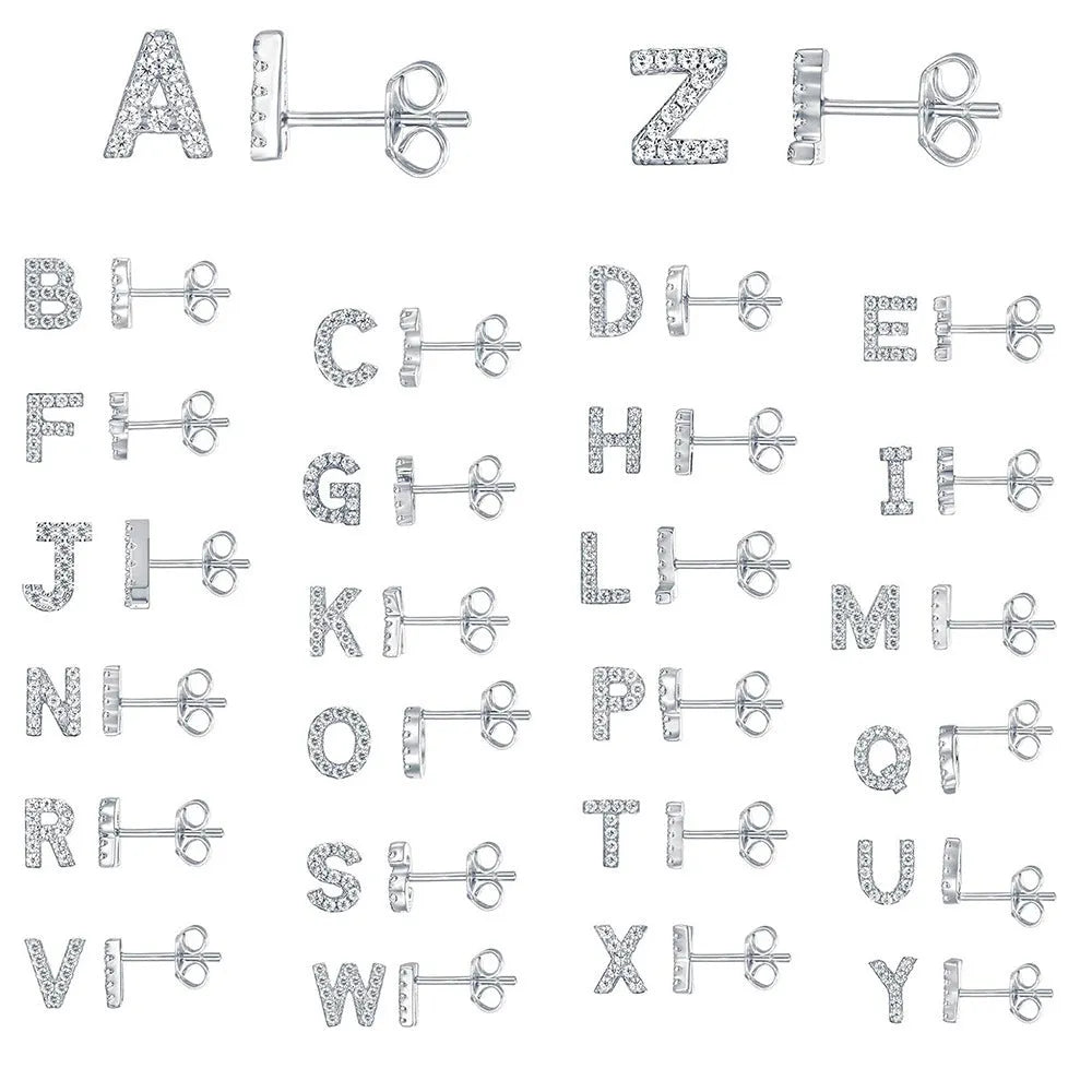 Gold plated alphabet letter earrings on a white background showing the letter A with zircon stones and butterfly backings.