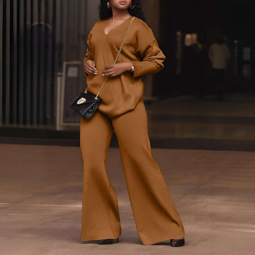 Women's brown deerskin velvet two-piece suit with split sleeve top and straight leg trousers