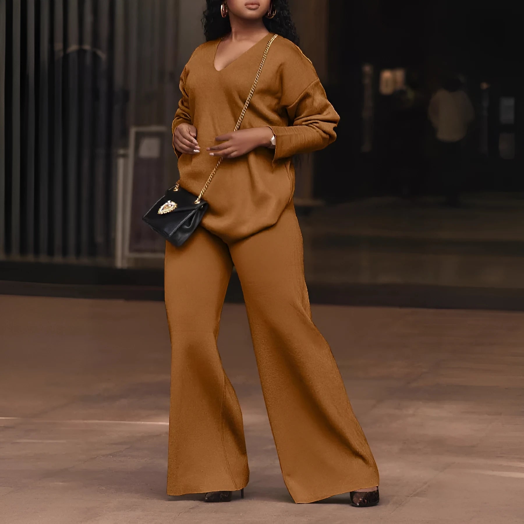 Women's brown deerskin velvet two-piece suit with split sleeve top and straight leg trousers
