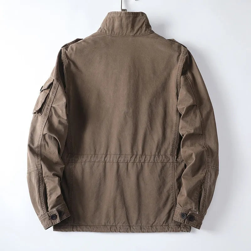 Men's casual loose zip jacket in light brown cotton twill with retro style