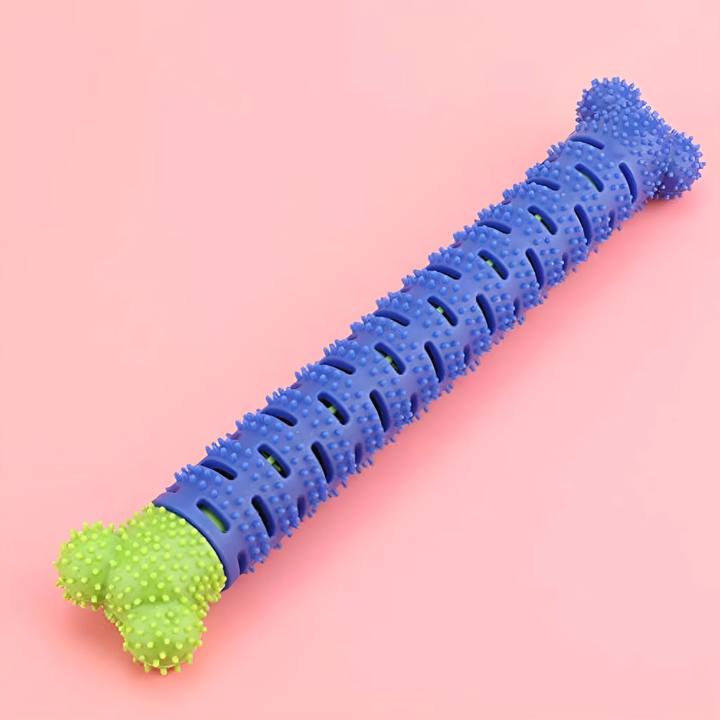 Blue green dog dental cleaning toy with silicone bristles and rope core measuring 25 cm