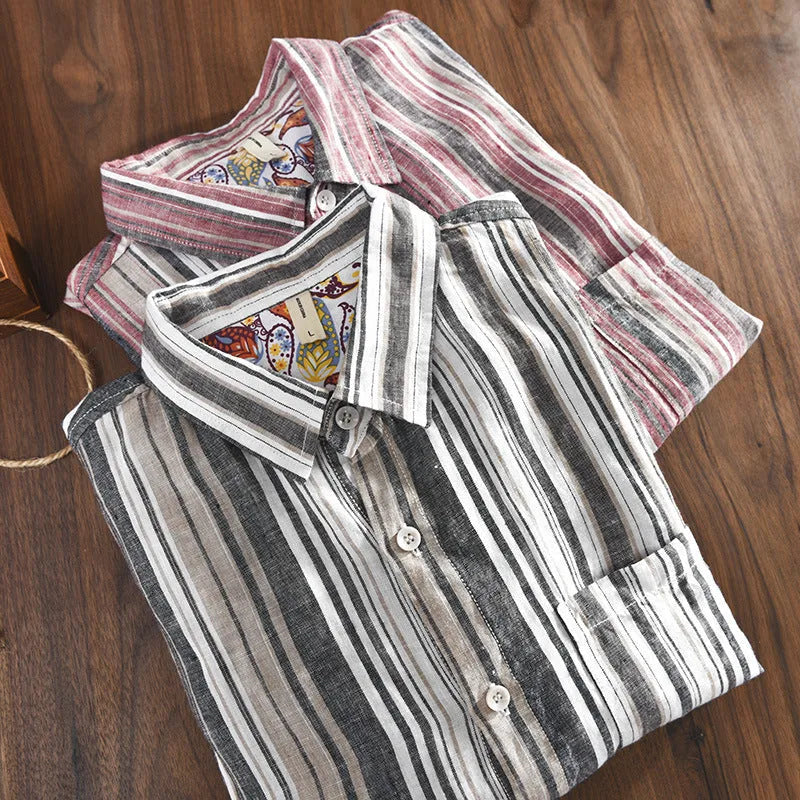 Men's striped linen casual shirt with long sleeves in loose fit for spring summer wear