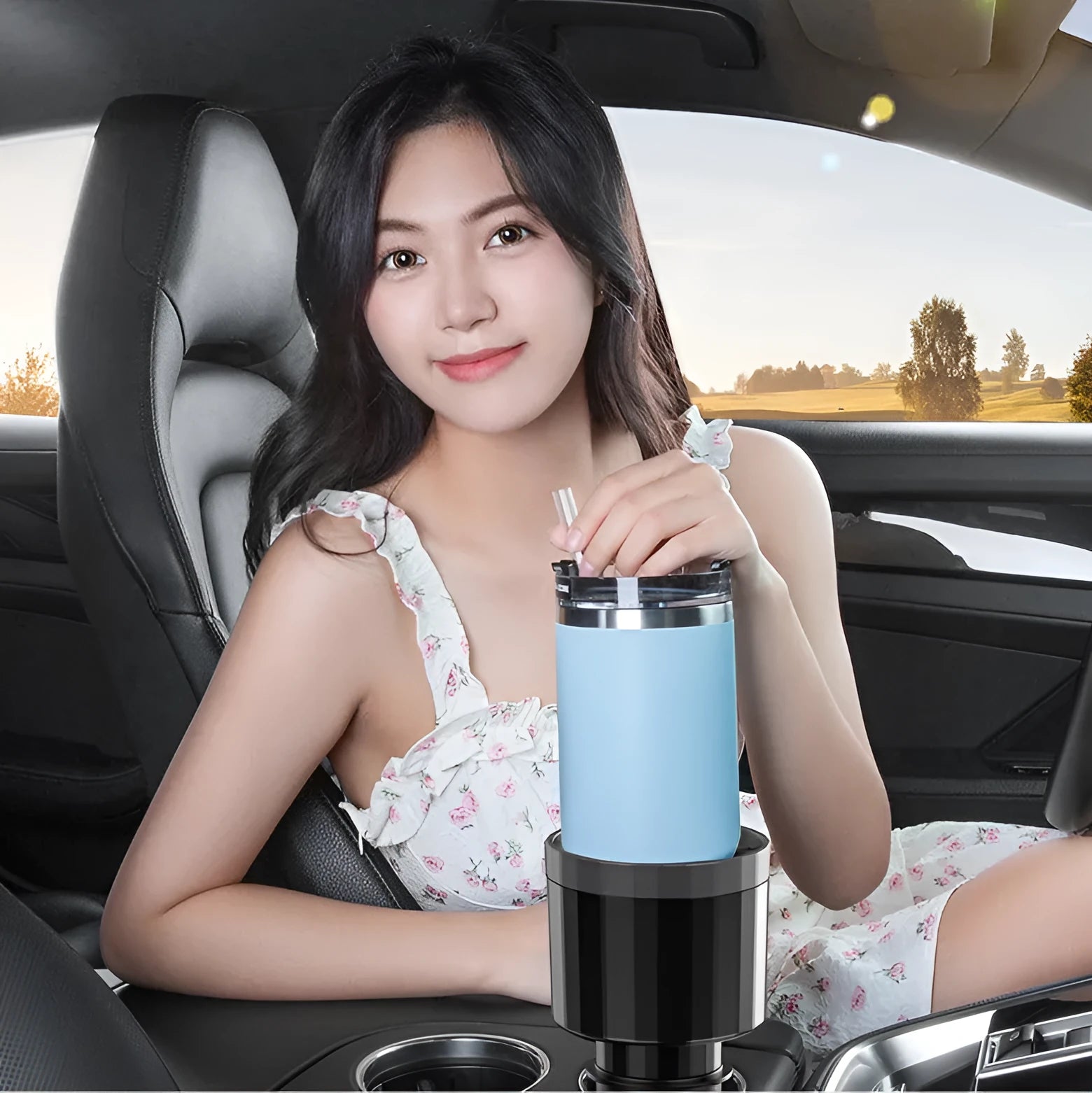 Matte black car cup holder expander with adjustable base for oversized bottles