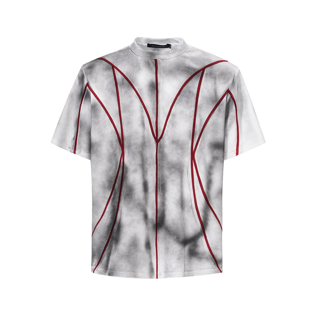 Padded shoulder short sleeve t-shirt with textured line patchwork design and round neck.