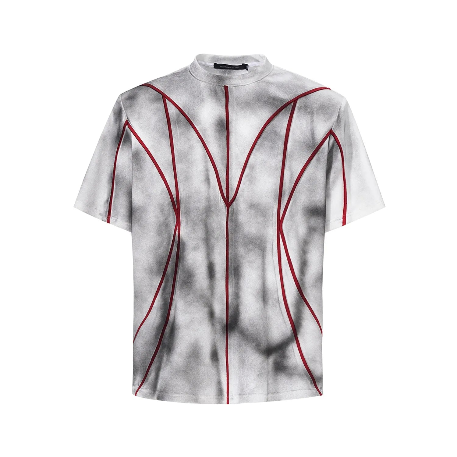 Padded shoulder short sleeve t-shirt with textured line patchwork design and round neck.