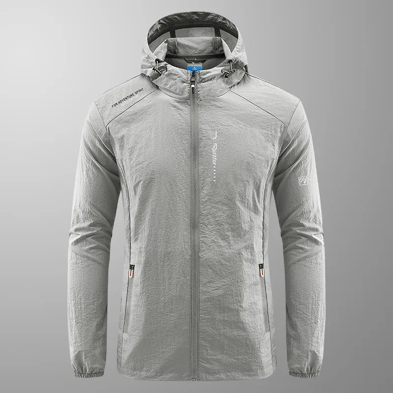 Men's thin nylon hooded summer jacket in light grey colour showing loose fit design