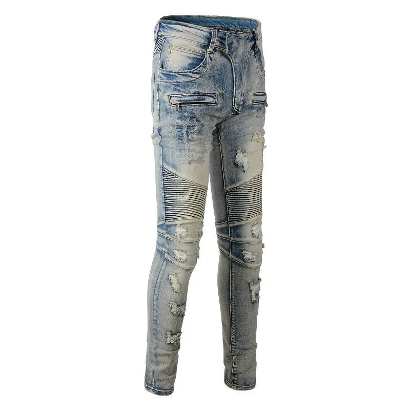 Light blue distressed slim fit men's jeans with hand-frayed details and straight leg opening