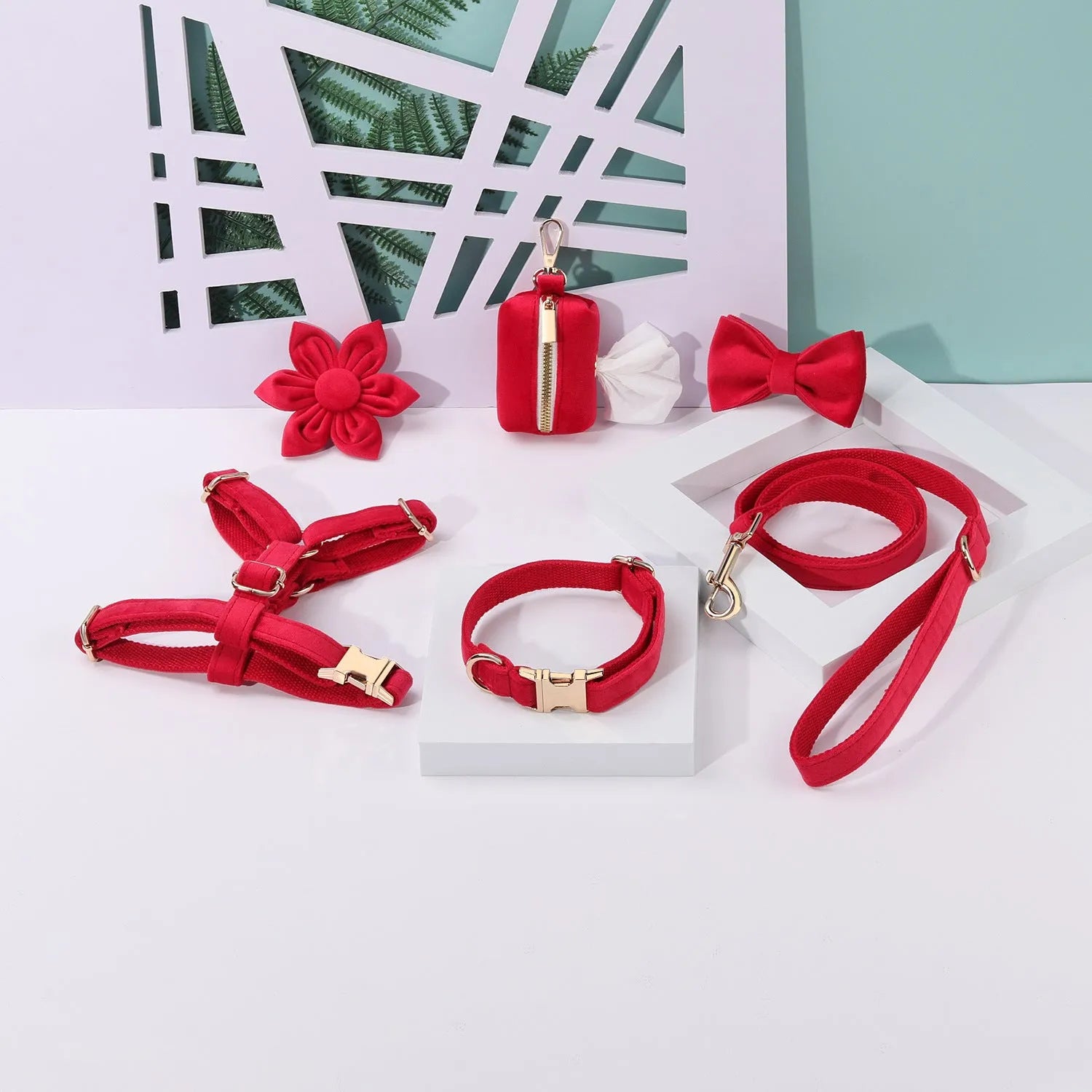 Velvet pet collar and traction rope set with chest strap and decorative bow tie accessories