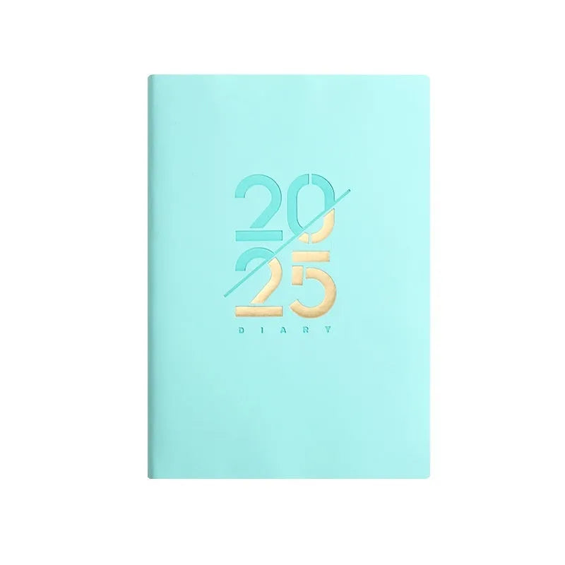A5 2025 daily schedule book with faux leather cover in blue colour, open to show lined pages and thread binding.
