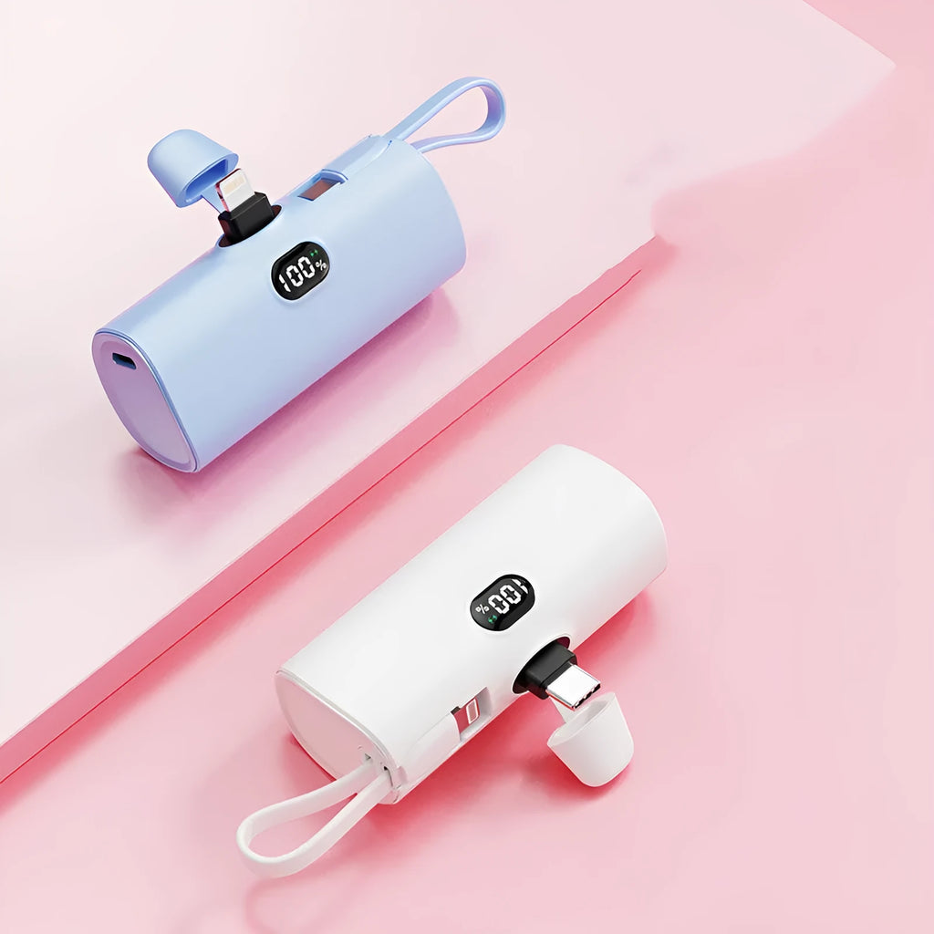 Capsule digital display wireless power bank in five colours showing compact 79mm size