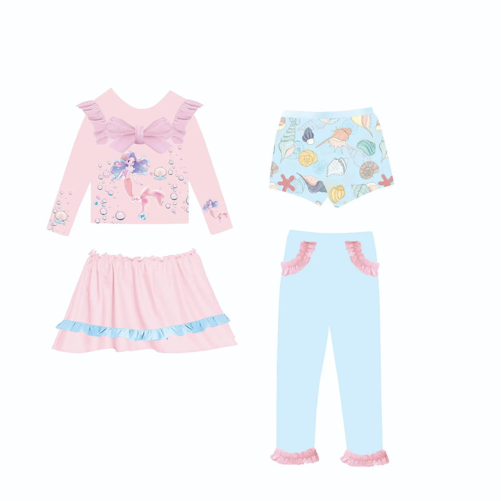 Girl's gilded coloured mermaid swimsuit set with matching skirt, trousers, and shorts.