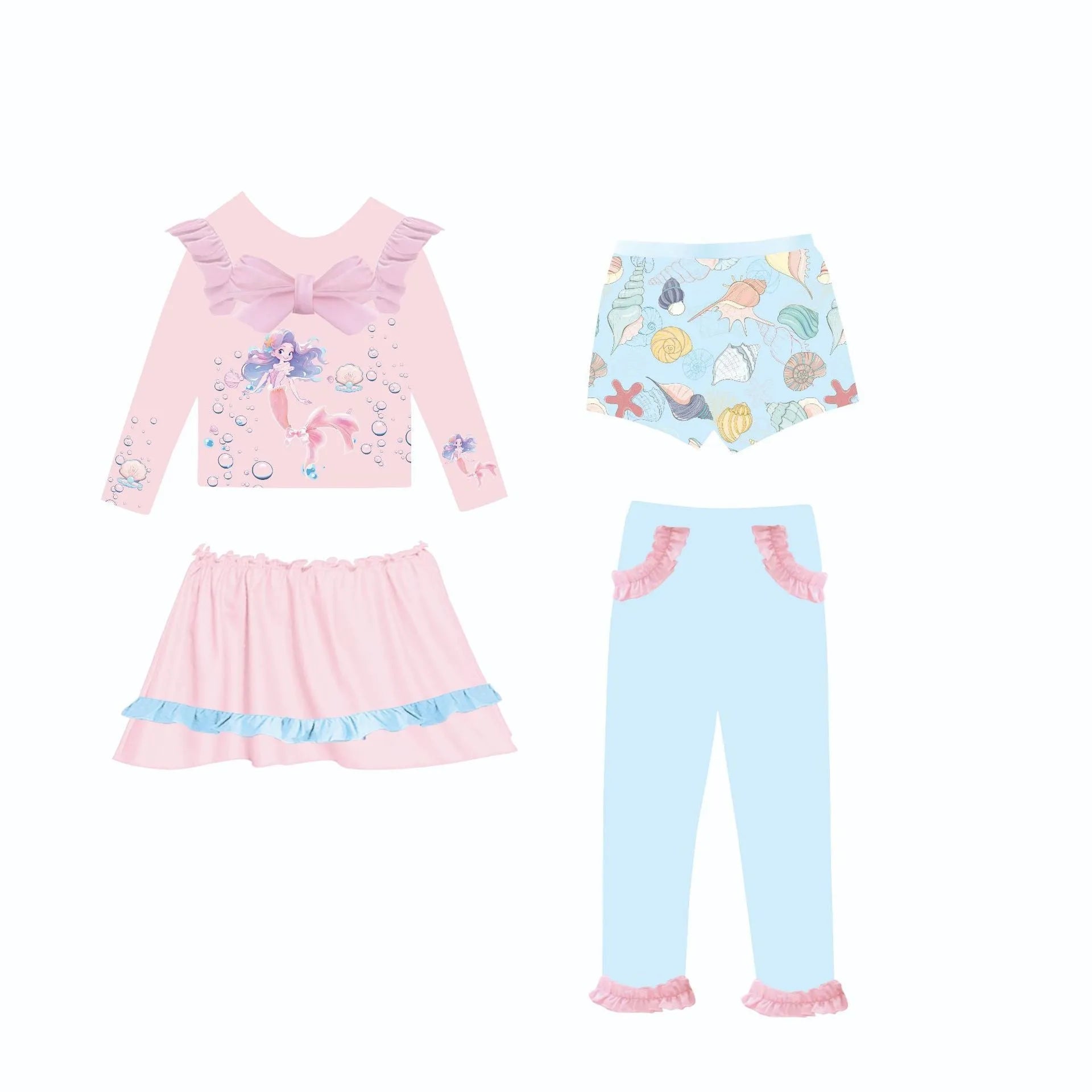 Girl's gilded coloured mermaid swimsuit set with matching skirt, trousers, and shorts.
