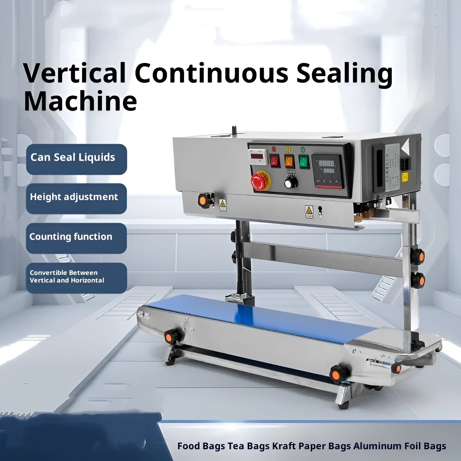 FR-900 vertical automatic continuous sealing machine with compact bench-top body and entry paint style finish