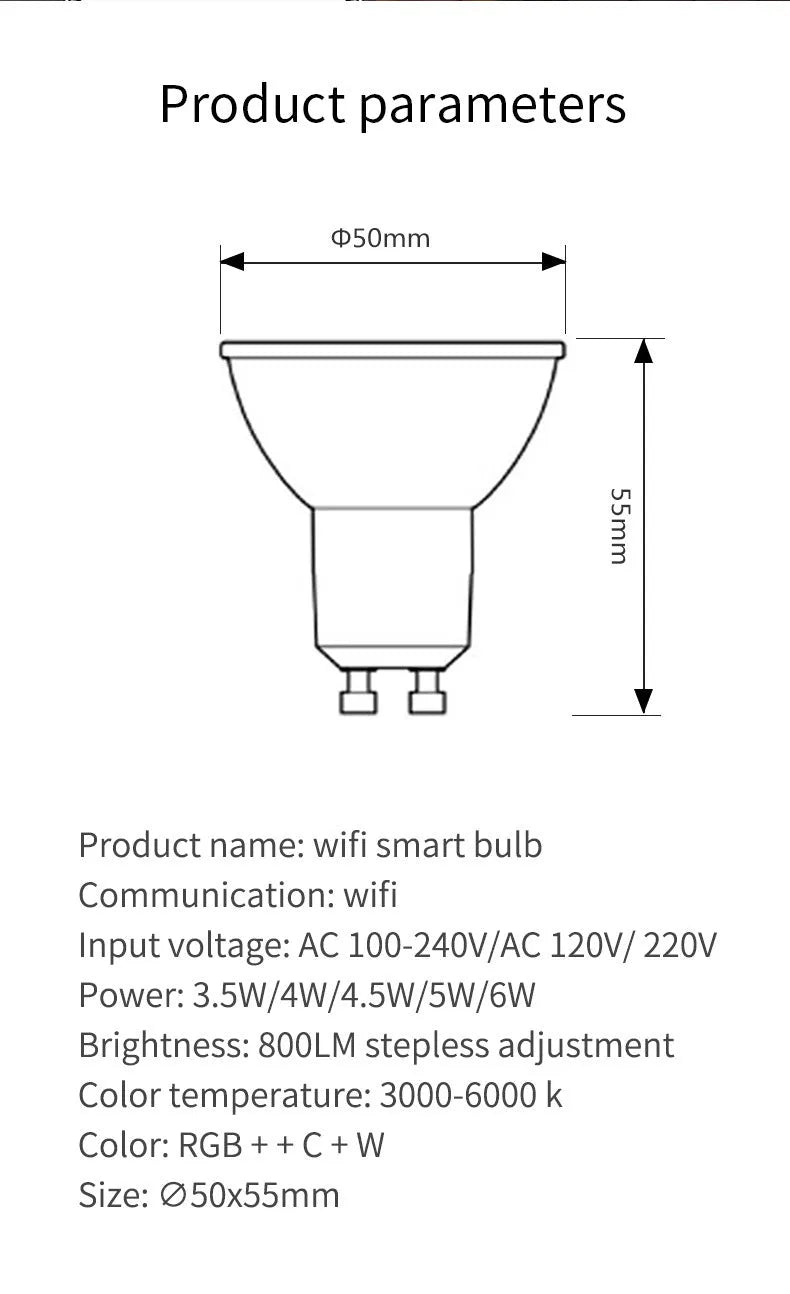GU10 smart spotlight bulb with RGBCCT lighting and voice control features