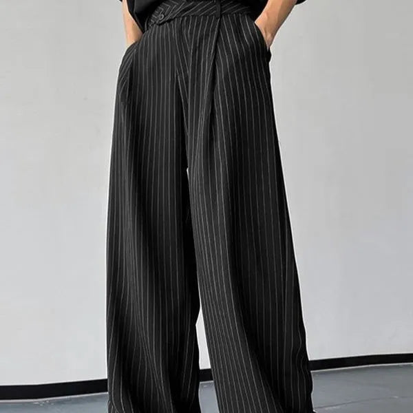 Black men's trousers with vertical stripes and pleated front design on elastic fabric